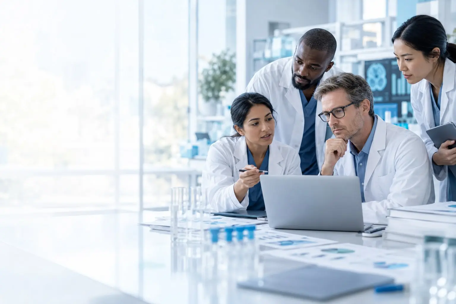 Clinicians and scientists reviewing data together