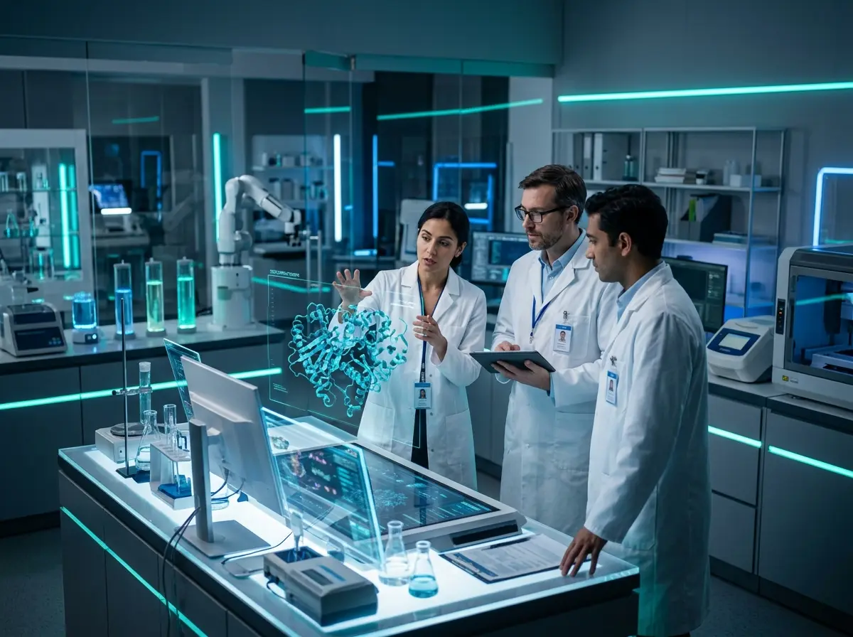Scientists discussing results in a laboratory