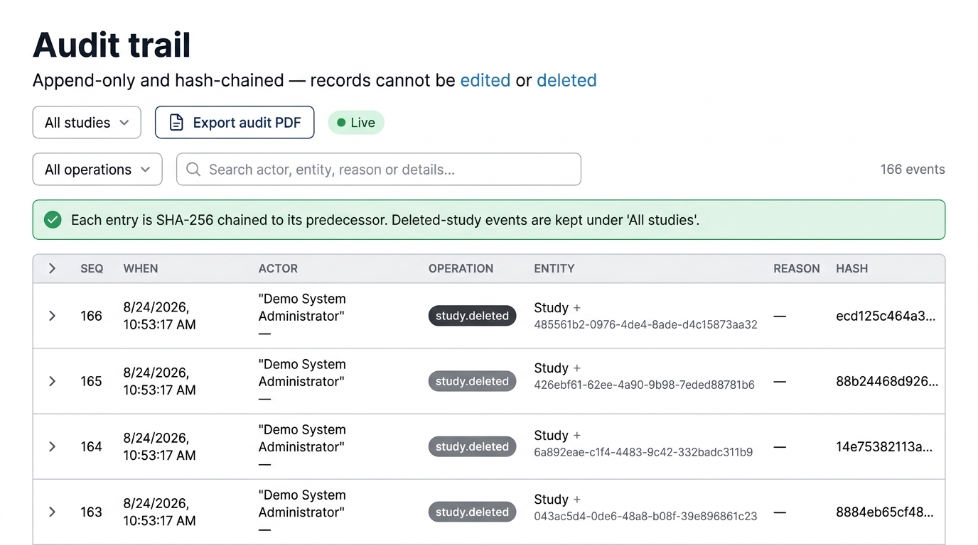 Mediception EDC append-only SHA-256-chained audit trail with study and operation filters