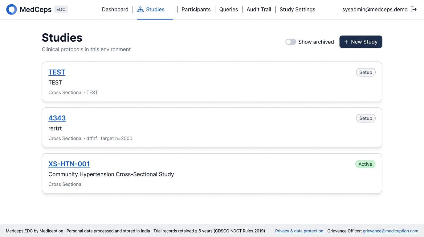 Mediception EDC studies workspace showing active and setup-stage clinical studies