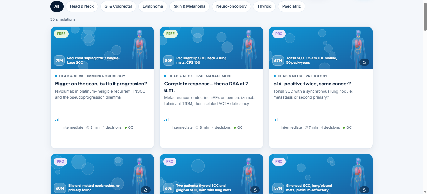 Medicep Intel simulation library showing oncology case cards and tumour filters