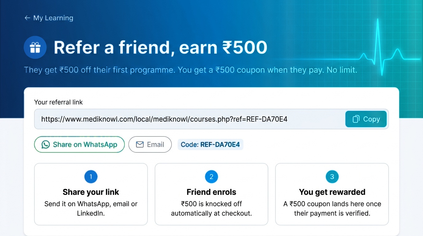 MediKnowl LMS refer and earn reward programme with personalized sharing link and referral steps